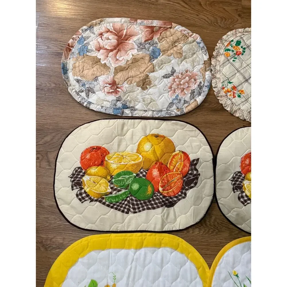 Vintage Handmade Quilted Placemats Lot of 6 Floral Fruit 19x13